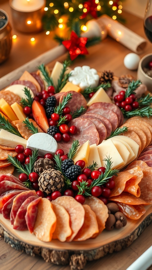 A festive charcuterie board with meats, cheeses, fruits, and holiday decorations, set in a cozy atmosphere.